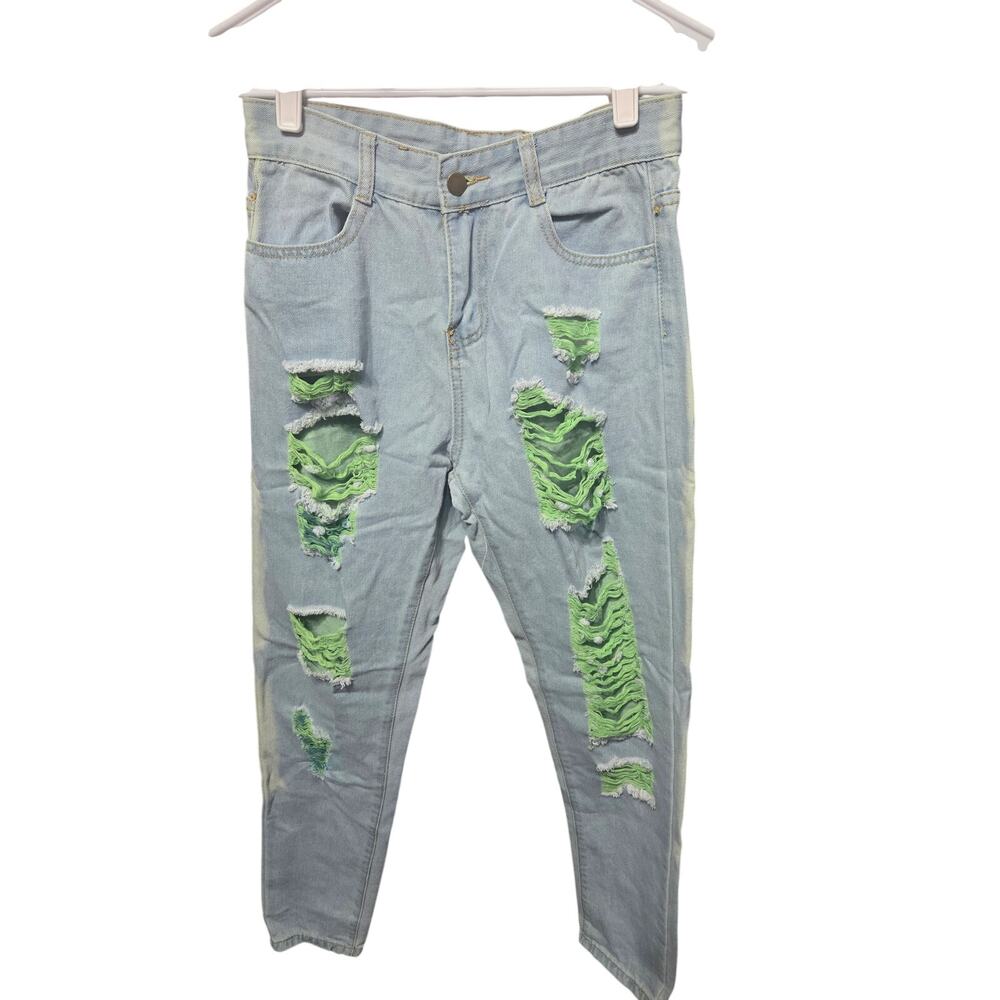 Distressed Jeans Neon Green Contrast Ripped Denim - S